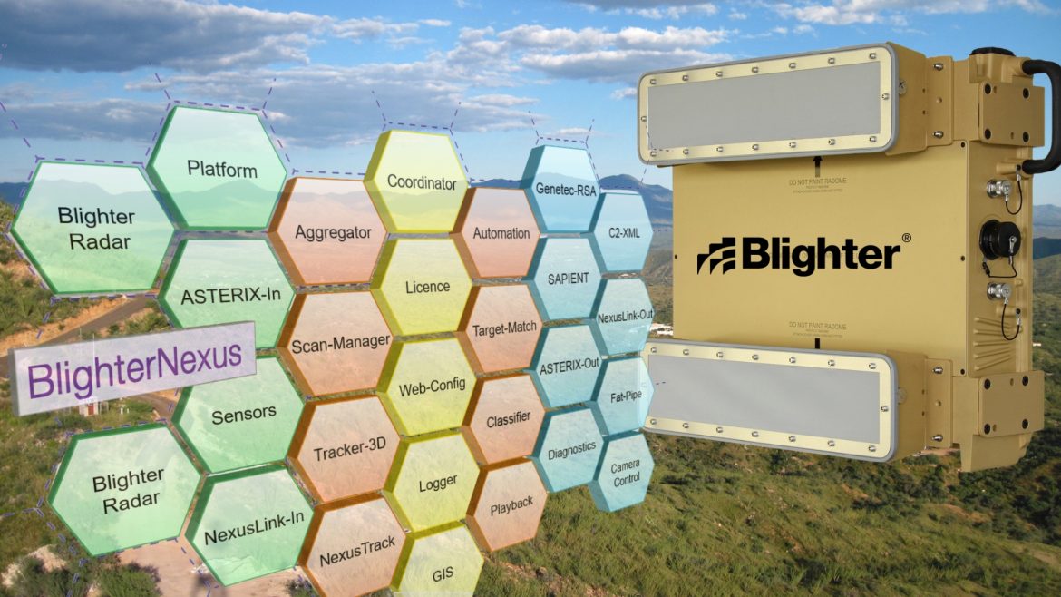 Blighter (www.blighter.com), a pioneering designer and manufacturer of ground-based electronic-scanning radars for border and coastal security, has unveiled BlighterNexus, an AI-assisted connectivity and processing hub. BlighterNexus is designed to drastically reduce the training and operational burden on systems integrators seeking to incorporate Blighter's smart/cognitive ITAR-free 2D, 3D and 4D radars into their command and control (C2) systems. According to the company, cost savings of up to 20 percent can be achieved by customers and integrators using the AI-assisted software to automate setup, configuration and adjustment of multiple radars to deliver optimum performance even in changing weather conditions. Mark Radford, co-founder and chief technology officer (CTO) at Blighter, says: "BlighterNexus is a groundbreaking product that will simplify radar to C2 system integration. Our aim is to become the integrator's friend by providing a modular, scaleable and upgradeable platform that will not only be simple to integrate, simple to operate but will also optimise target detection capabilities while reducing our customers' training and operational costs." The BlighterNexus AI-assisted Hub comprises around thirty different licensable 'service', 'sensor-connector', 'C2-connector' and 'application' modules. For example, in addition to the automation functions, there are sensor connector modules to allow low latency integration of cameras, radio direction finding (RDF) equipment for drone detection and other geo sensors to provide integrators with an all-in-one detect-track-identify capability. BlighterNexus also features a module to securely record all sensor data for real-time playback and/or post mission/forensic analysis and an AI system for target classification. For integrators who want to fuse and cognitively assess data from multiple sensors, a Fat-Pipe module allows all radar data to be flooded out of BlighterNexus into an external AI system if preferred. "Our patented electronic-scanning radars are already deployed in over 40 countries to protect national borders, ports and harbours as well as critical infrastructure sites," says Mark Radford. "The launch of BlighterNexus consolidates our position as the radar supplier of choice for integrators wanting to create layered multi-sensor surveillance systems to detect, track and classify small and slow-moving threats in complex environments." BlighterNexus comes pre-installed on an industrial PC to simplify setup and allow flexible licensing and through-life support. The BlighterNexus Hub provides a unified 360-degree radar feed to the C2 system or additional BlighterNexus Hubs. Blighter radars are trusted by the UK Ministry of Defence for forward operating base (FOB) protection, the South Korean Army for border surveillance along the Demilitarised Zone (DMZ), by the United States Air Force for drone detection, and the UK's major airports for perimeter protection. Blighter radars feature Low-Probability-of-Intercept (LPI) waveforms and are designed for rugged operation at fixed and mobile locations and on the move.